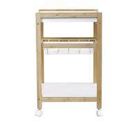 LIN HOME XZ-24766 Carrito de Cocina Auxiliar de Madera y Bambu 24.5x35x55cm con Ruedas, 2 Estantes de Madera + 1 Cesta Extraibles - Color Natural y Blanco