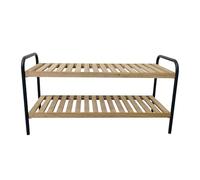 LIN HOME Zapatero de 2 Niveles con Bastidor Metálico Negro y Baldas de Madera de Abeto Natural, Mueble Organizador de Calzado para Entrada, Dormitorio, Vestidor y Pasillo 70.5×28×36.5cm,XZ-23245