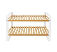 LIN HOME Zapatero de Entrada, 2 Niveles, Zapatero de marco metálico y estantes de bambú, para Salón Pasillo Dormitorio Baño, Blanco,66 x 28 x 34.5 cm,XZ-22064