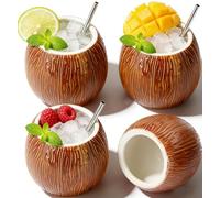 LINALL Paquete de 4 tazas Tiki de cerámica de 17 onzas, vasos de cóctel hawaianos de coco para Mai Tai y Piña Colada, vasos Tiki duraderos, juego perfecto para fiestas y regalo