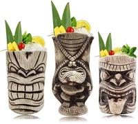 LINALL Tiki - Juego de tazas grandes de cerámica Tiki, tazas de cóctel para Mai Tai, ponche, piña colada y bebidas tropicales (TIKISET)
