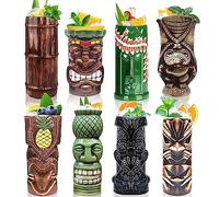 LINALL Tiki Mugs - Juego de 8 vasos de cerámica hawaiana Luau para fiesta, vasos de cóctel exóticos, vasos de cóctel Tiki Bar profesional hawaiano, TKSET0017 (8 piezas)