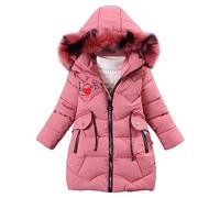 Linboo - Abrigo de invierno cálido para niña, con capucha, de piel, parka acolchada, chaqueta con estampado de letras LOVE, rosa oscuro, 13-14 Años