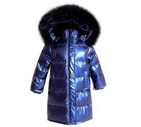 linboo Abrigo largo para niña, chaqueta de plumón cálido, para niña, invierno, grueso, chaquetón con capucha, piel acolchada, parka luminosa, azul, 15-16 años
