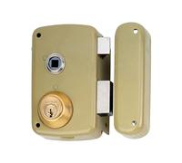 Lince Cerradura de Sobreponer 5056AHE60D I Punto de entrada: 33mm. I Medidas de caja 60 x 120mm. I Cerradura con cierre mediante picaporte, accionado por manivela (no incluida), y palanca deslizante de 1 vuelta accionable con llave. Nota: la llave no actúa sobre el picaporte, precisa de manilla por ambos lados. I Guarda mano: DERECHA I Acabado: bicapa-oro