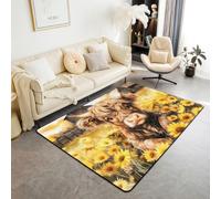 Linda alfombra de salón de vaca de las tierras altas, 150 x 200 cm, dibujos animados amarillos, margaritas, estampado floral, alfombra de dormitorio para niños y niñas, estilo rural clásico, casa de