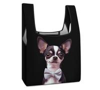 Linda bolsa de compras con diseño de perro chihuahua con pajarita, reutilizable, plegable, lavable, bolsa de almacenamiento ligera con asa