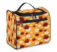 Linda bolsa de maquillaje de viaje con diseño de mariquita de margaritas para mujeres, hombres, niñas y niños, bolsa de aseo de 11.2 L, bolsa de aseo colgante, organizador de cosméticos, bolsas de