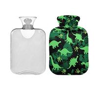 Linda botella de agua caliente de dinosaurios verdes con cubierta, bolsa de agua caliente transparente cálida de invierno de 1 l, botellas de agua caliente portátiles para calambres menstruales, alivio del dolor de cuello y hombros