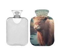 Linda botella de agua caliente de vaca de las tierras altas con cubierta suave, bolsa de agua caliente de 1 litro para calambres, alivio del dolor, calentador de manos y pies