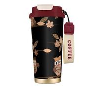 Linda botella de agua con diseño de búhos de dibujos animados marrones con tapa con pajilla, de acero inoxidable, boca ancha, aislada, a prueba de fugas,