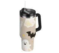 Linda botella de agua de boca ancha al vacío con diseño de fantasmas blancos de dibujos animados para niños, para la escuela con pajilla, resistente a fugas, taza decorativa con asa para el hogar, la