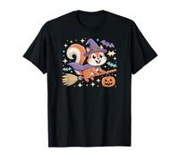Linda bruja ardilla de Halloween en escoba con murciélagos y calabaza Camiseta