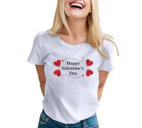Linda camiseta de manga corta con cuello redondo para mujer para el día de San Valentín parte superior de plata para mujer, Blanco, S