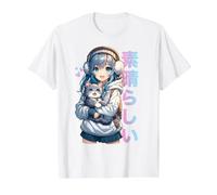Linda Chica Anime con un Gato para Amante de los Gatos Kawaii Otaku Manga Camiseta gráfica económica, Hombre, Blanco, M