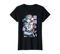 Linda Chica Anime con un Gato para Amante de los Gatos Kawaii Otaku Manga Camiseta gráfica económica, Mujer, Negro, XL