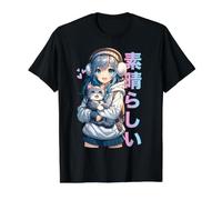 Linda Chica Anime con un Gato para Amante de los Gatos Kawaii Otaku Manga Camiseta gráfica económica, Hombre, Negro, XL