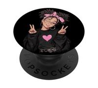 Linda Chica Signo de Paz Pelo Rizado Divertido gráfico juguetón Trippy PopSockets PopGrip Adhesivo