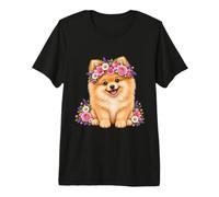 Linda Corona de Flores de Cachorro de Pomerania Adorable Perro Floral Camiseta Premium