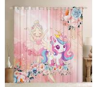 Linda cortina de ventana de unicornio, Kawaii Ballet Niñas Dibujos Animados Caballos Cortinas para Niñas Niños, Acuarela Floral Rosa Marmoring Print Ventana Tratamiento Cortinas para Oficina y Hogar
