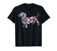 Linda flor de perro salchicha, rojo, blanco, azul, bandera de EE. UU. 4 de julio Camiseta