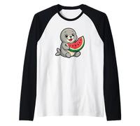 Linda foca con sandía de verano Camiseta Manga Raglan