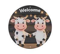 Linda Holding Hands Cow Wooden String Light Welcome Round Decor Placa de aluminio Retro, Decoración de pared vintage para casa, bar, garaje y granja 20x20cm