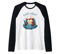 Linda ilustración de búho soñoliento Buenas Noches Hora de Dormir Camiseta Manga Raglan