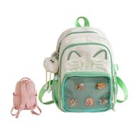 Linda mochila Kawaii Cat Ita con pantalla de pines, mochila escolar Y2K para niñas y mujeres, mochila de nailon con dije de felpa y 5 insignias, 2 tamaños, verde, 34cm