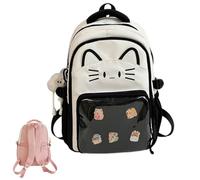 Linda mochila Kawaii Cat Ita con pantalla de pines, mochila escolar Y2K para niñas y mujeres, mochila de nailon con dije de felpa y 5 insignias, 2 tamaños, Negro, 43cm