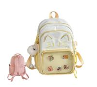Linda mochila Kawaii Cat Ita con pantalla de pines, mochila escolar Y2K para niñas y mujeres, mochila de nailon con dije de felpa y 5 insignias, 2 tamaños, amarillo, 34cm