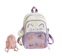 Linda mochila Kawaii Cat Ita con pantalla de pines, mochila escolar Y2K para niñas y mujeres, mochila de nailon con dije de felpa y 5 insignias, 2 tamaños, Morado (, 34cm