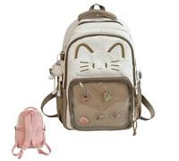 Linda mochila Kawaii Cat Ita con pantalla de pines, mochila escolar Y2K para niñas y mujeres, mochila de nailon con dije de felpa y 5 insignias, 2 tamaños, marrón, 43cm