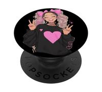 Linda niña con Lazos Rosados, Signo de Paz, gráfico, juguetón, Vibrante, Afilado PopSockets PopGrip Adhesivo