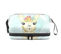 Linda pequeña sonrisa de llama bolsa de maquillaje de doble capa para mujeres y niñas, bolsa de aseo de viaje para maquillaje práctica bolsa organizadora con compartimento para cepillos, varios, 27 x