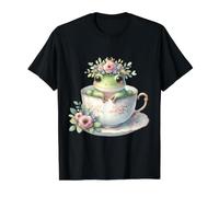 Linda Rana en Taza de té con Corona Floral Camiseta gráfica económica, Hombre, Negro, M