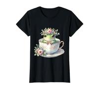 Linda Rana en Taza de té con Corona Floral Camiseta gráfica económica, Mujer, Negro, M