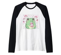 Linda Rana Kawaii Bebiendo Leche de Fresa Camiseta Manga Raglan