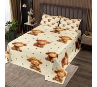 Linda ropa de cama de ganado de tierras altas para niños y niños, Kawaii Animal Occidental, hermoso juego de cubierta de vida silvestre decoración para dormitorio, dibujos animados Brown Dots Beige