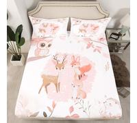 Linda sábana bajera ajustable de animales tamaño S, ciervo kawaii zorro búho erizo protector de colchón con 1 funda de almohada, hermosa vida silvestre rosa hojas a cuadros elástico profundo bolsillo