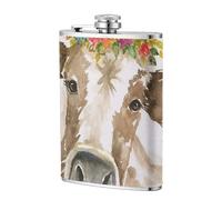 Linda vaca de acuarela,Frasco de acero inoxidable 304 de 8 oz con funda de cuero sintético, frasco de bolsillo para licor plano para exteriores