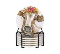 Linda Vaca de Acuarela,Posavasos Redondos de cerámica, Almohadilla para Tazas, Juego de 6 Posavasos para Bebidas