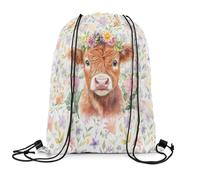 Linda Vaca De Las Tierras Altas Bolsa De Hombro Doble Ajustable Mochila Fácil De Doblar Bolsa De Cuerdas para Hombres Vacaciones Al Aire Libre 36X42Cm