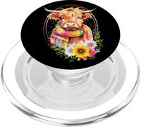 Linda Vaca de Las Tierras Altas con Bufanda Escocesa de Becerro Floral PopSockets PopGrip para MagSafe