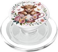Linda vaca escocesa de las tierras altas en taza de té, arte pastel floral PopSockets PopGrip para MagSafe