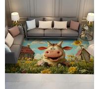 Lindas alfombras Vaca Dibujos Animados Cabaña Girasol Pastoral 3D Escena Campo Alfombra Antideslizante Lavable para el Aula la guardería 160x230cm