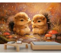 Lindas ardillas gordinosas en la lluvia de otoño Fotomural Gran decoración de pared para la habitación de los niños/sala de estar, acuarela bosque animal decal de arte 300x230cm (No es autoadhesivo)