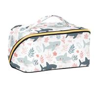 Lindas bolsas de cosméticos con diseño de tiburón tropical de dibujos animados con divisores, bolsa de maquillaje grande, accesorios de viaje
