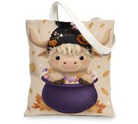 Lindas bolsas de lona de vaca de las tierras altas, adorable diseño de animales de dibujos animados, bolsas ligeras y lavables para compras, viajes, playa, 13 x 15 pulgadas