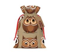 Lindas bolsas de regalo de Navidad con diseño de búhos de dibujos animados de color marrón, versátiles con cordón, perfectas para vacaciones y ocasiones especiales